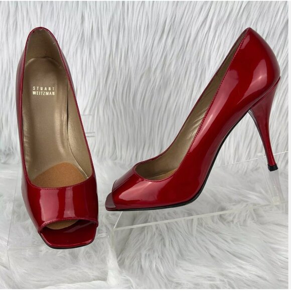 Stuart Weitzman Cherry Red Heels Pumps Patent Leather Open Toe 4" Valentines Day - Picture 2 of 16